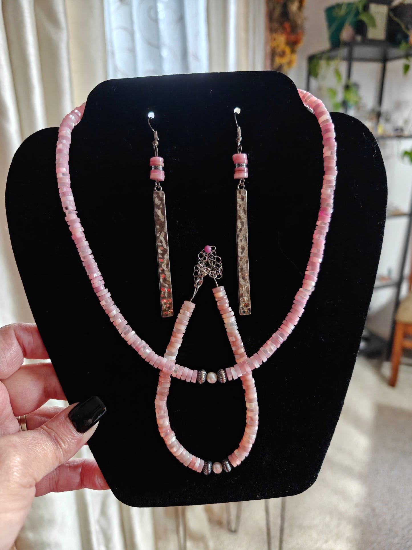 Pink shell choker/Anklet/Earrings (SET) with pink fresh water pearl and sterling silver pearls