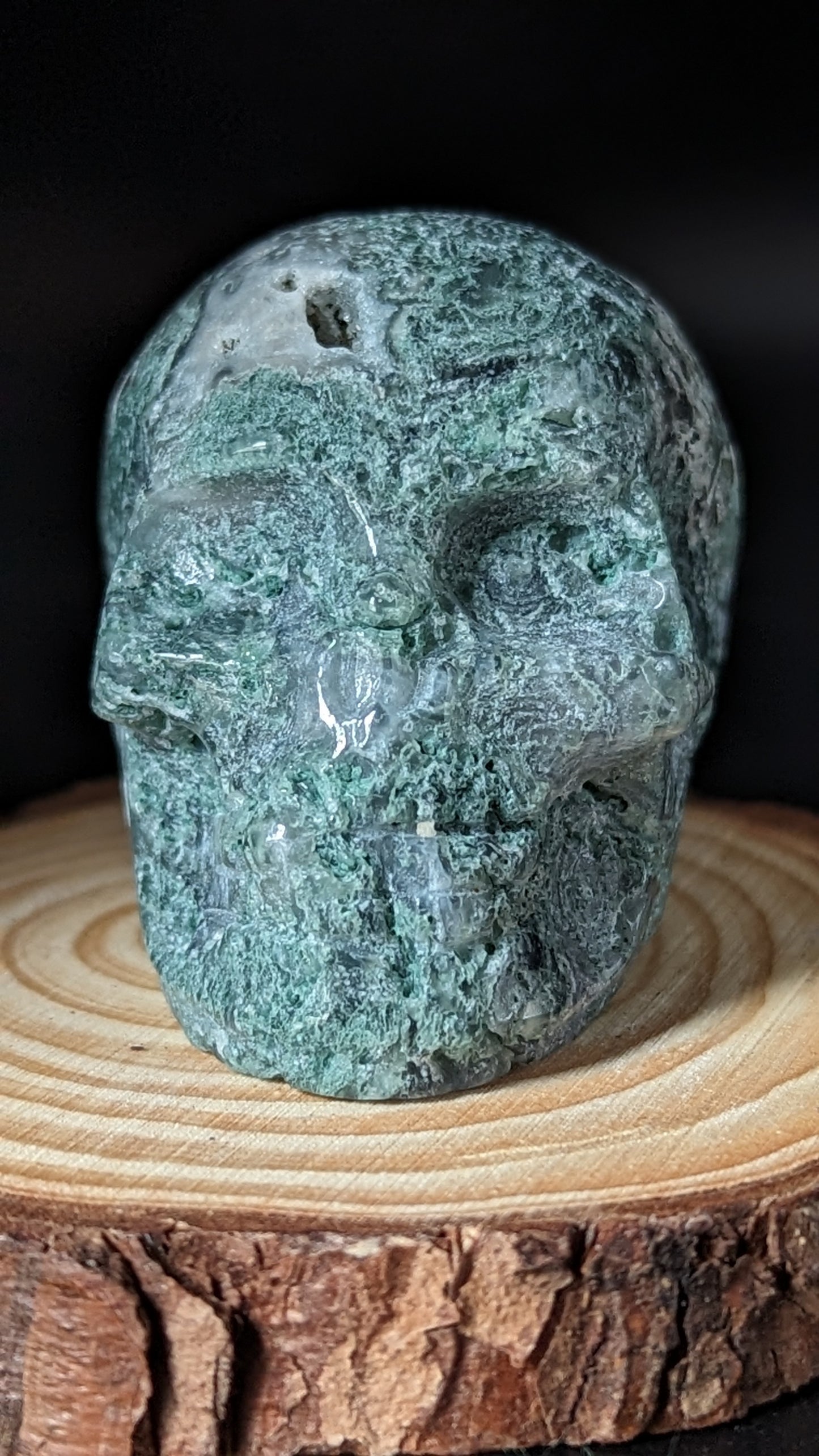 Moss Agate Skull - PROSPERITY, SUCCESS, ABUNDANCE, CONGENIALITY, COMPATIBILITY, HEALING