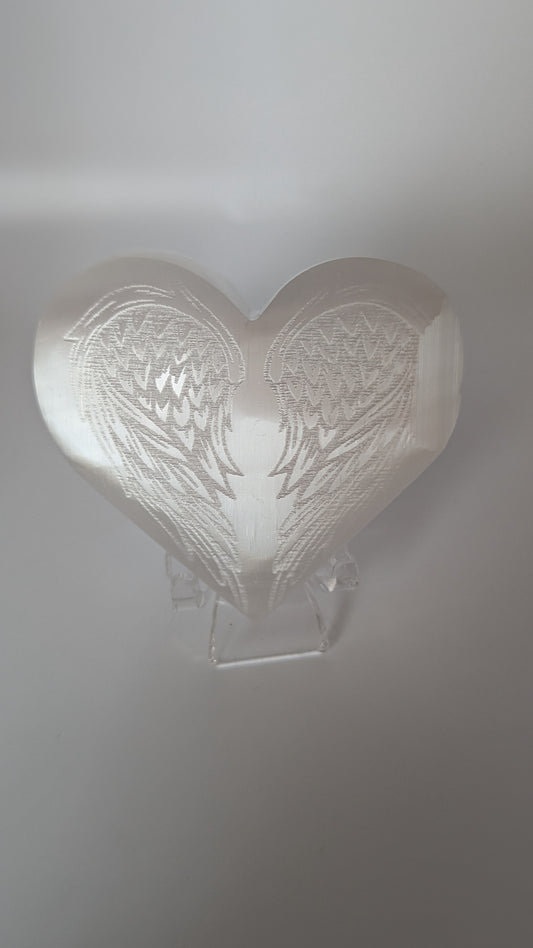 Satin Spar Heart with Wing Etching - PROTECTION, STRENGTH, HEALING