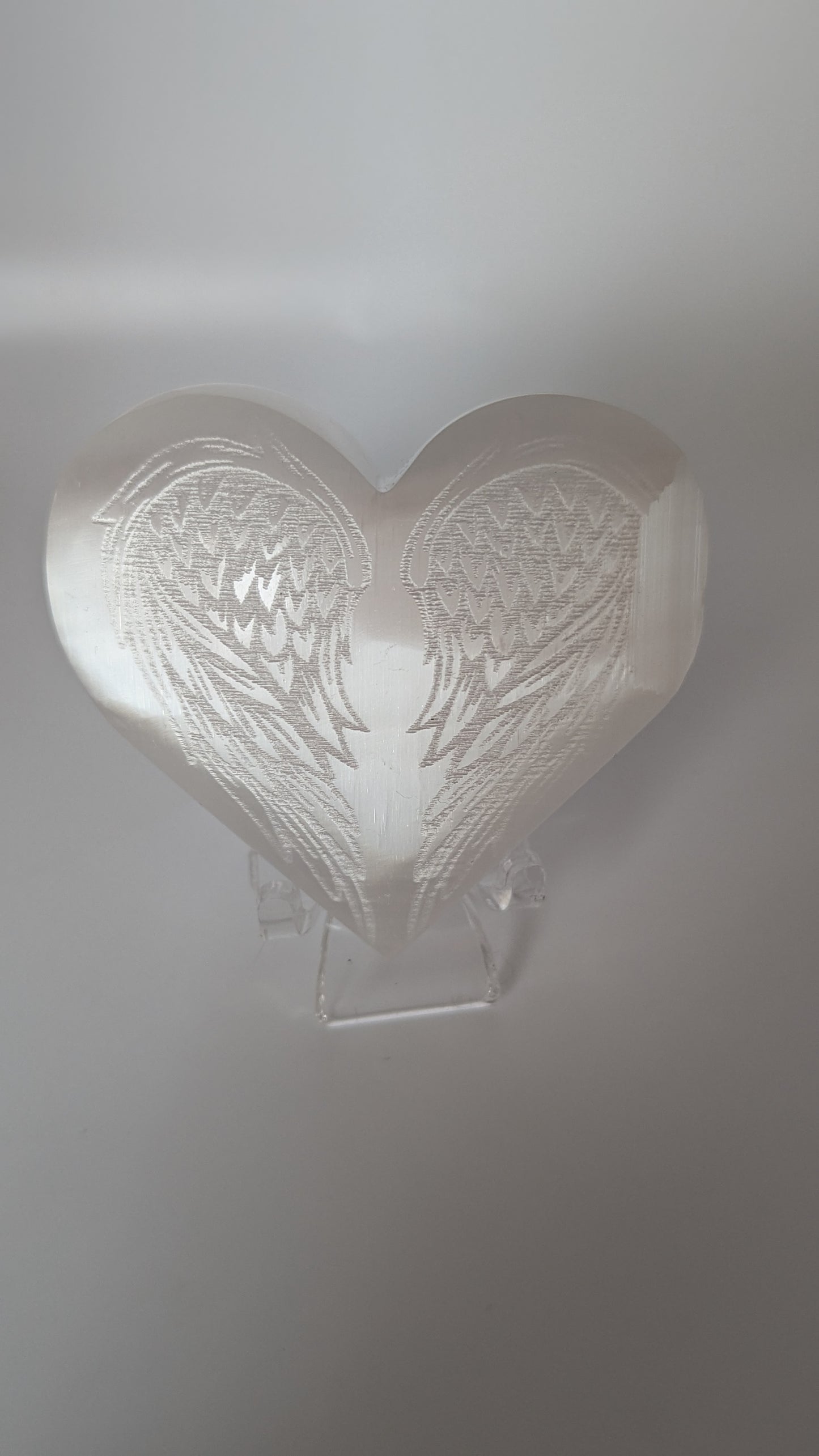 Satin Spar Heart with Wing Etching - PROTECTION, STRENGTH, HEALING