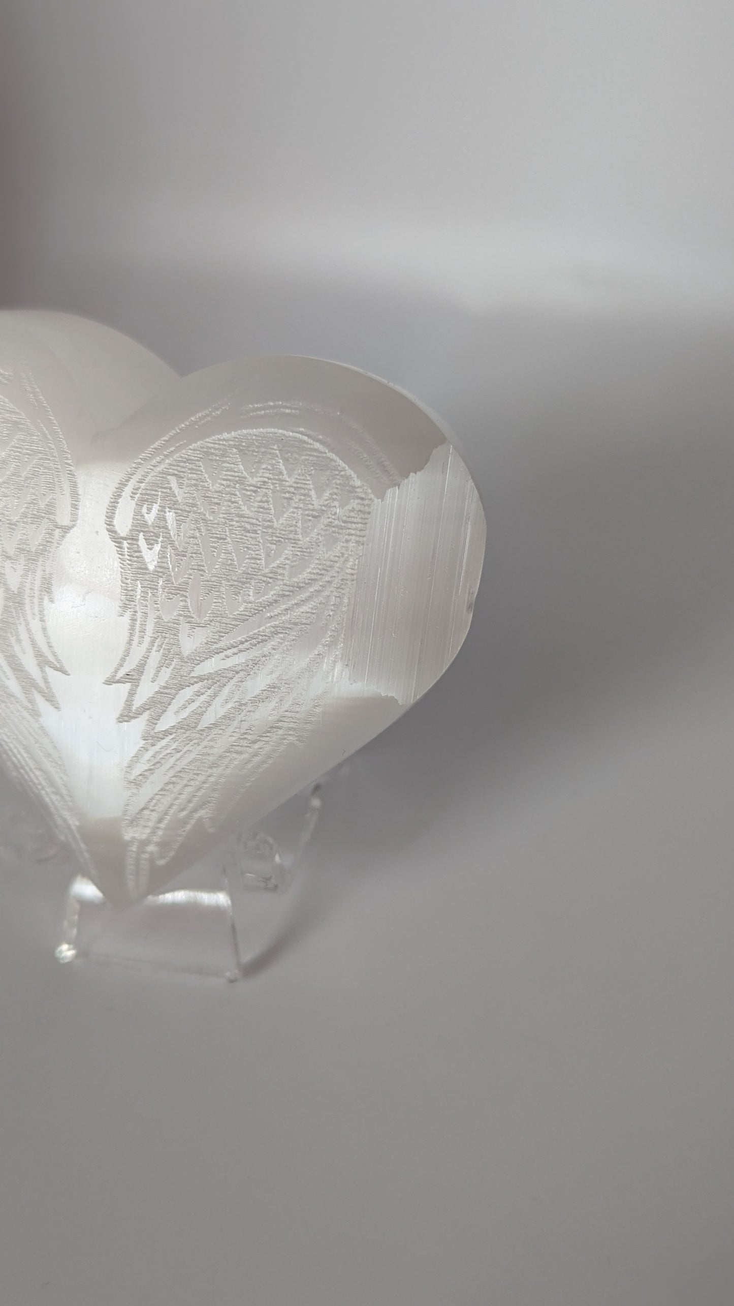 Satin Spar Heart with Wing Etching - PROTECTION, STRENGTH, HEALING