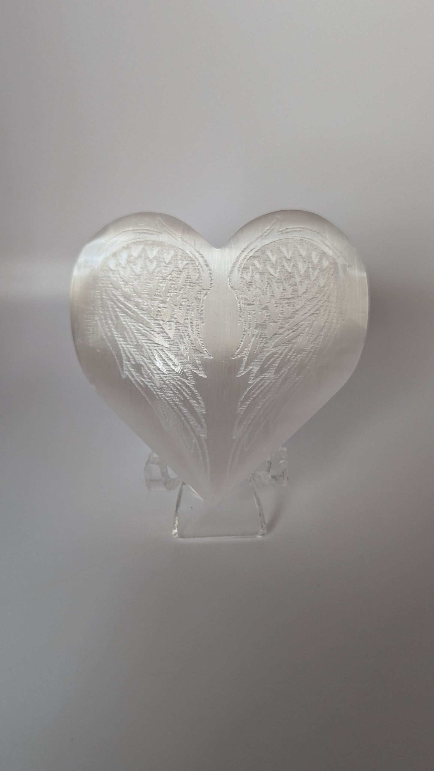 Satin Spar Heart with Wing Etching - PROTECTION, STRENGTH, HEALING