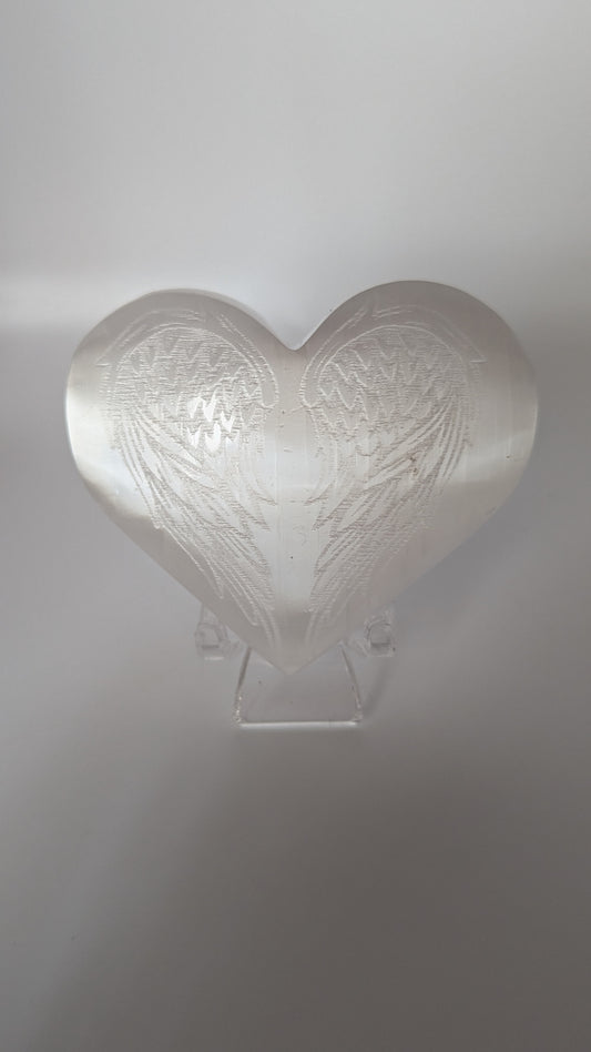 Satin Spar Heart with Wing Etching - PROTECTION, STRENGTH, HEALING