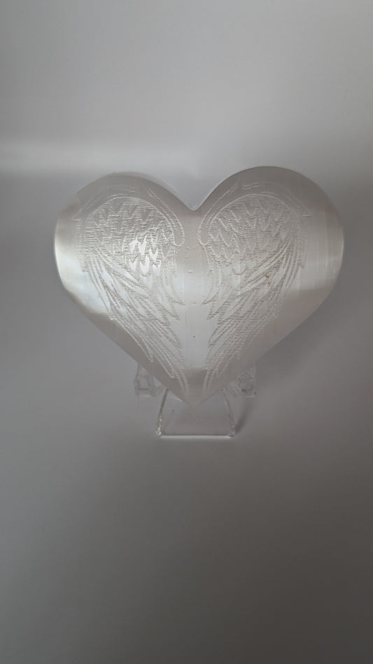 Satin Spar Heart with Wing Etching - PROTECTION, STRENGTH, HEALING