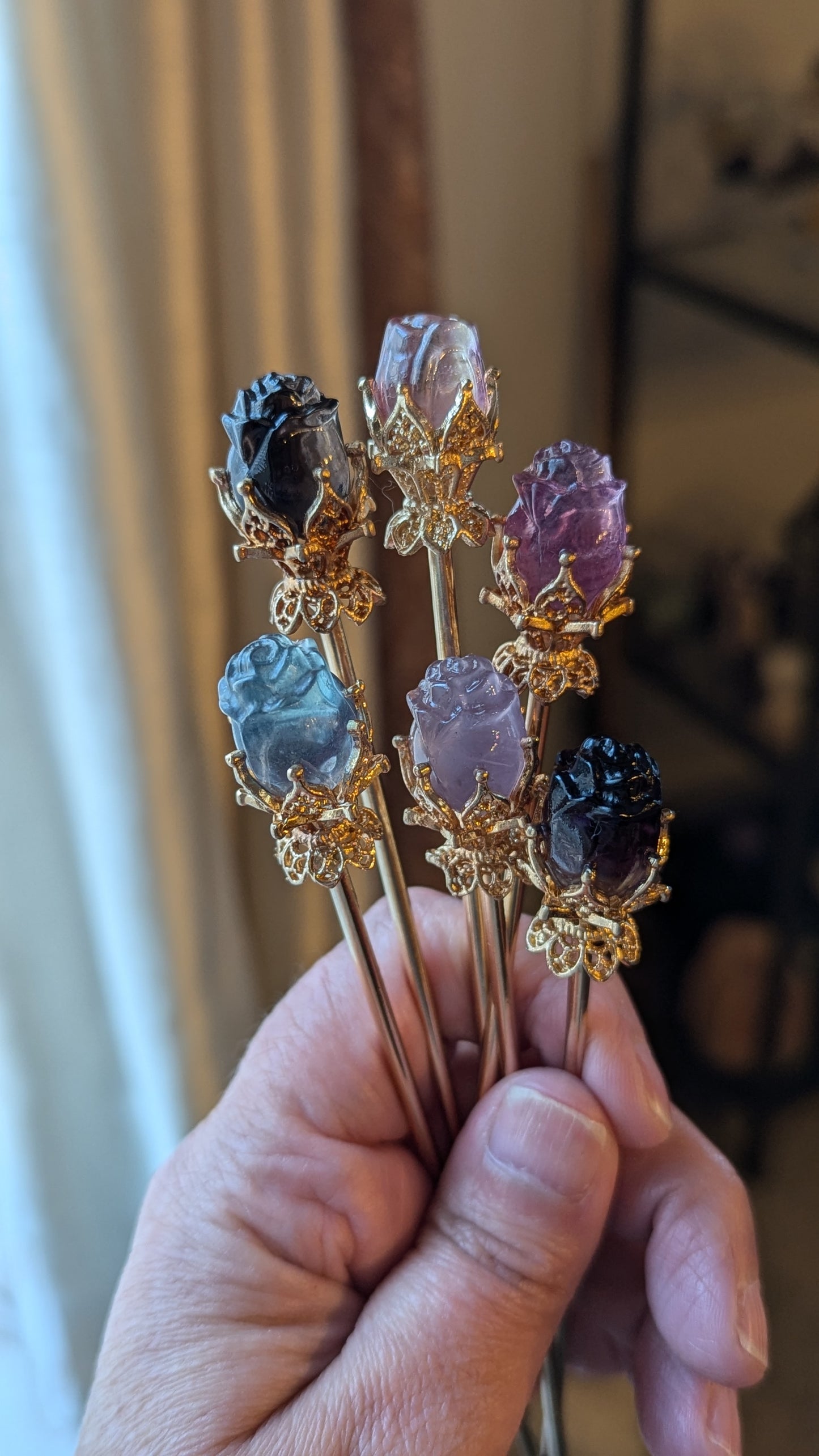 Fluorite Hair Pin Rose (Gold) - GROWTH, RE-ENERGIZE- HEALING