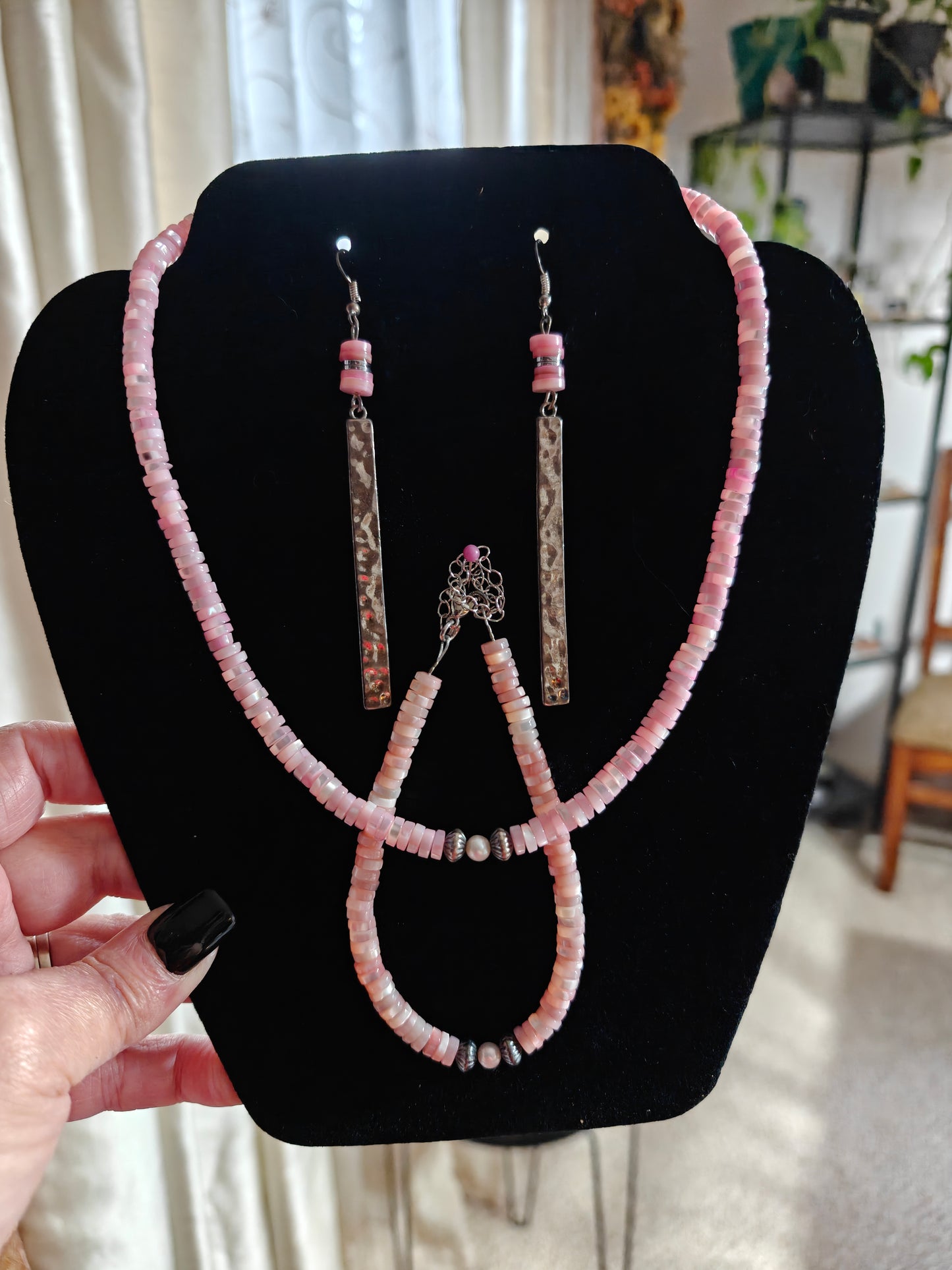 Pink shell choker/Anklet/Earrings (SET) with pink fresh water pearl and sterling silver pearls